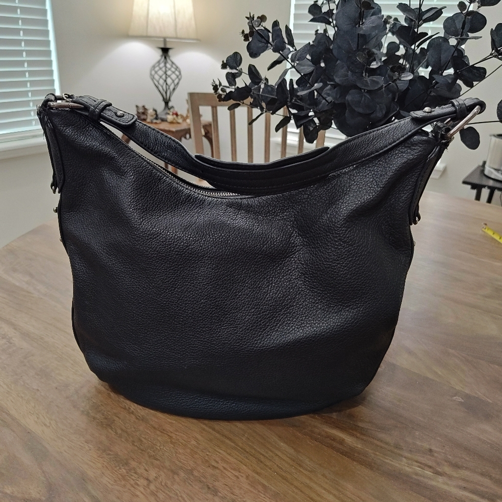 Stylish Lucky Brand Black Pebble Leather Hobo Purse W/ Silver Accents. Great Bag